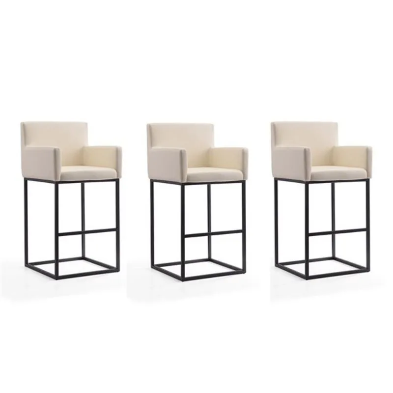 Manhattan Comfort Set of 3 Ambassador Cream and Black Faux Leather 42-in H Upholstered Metal Bar Stool