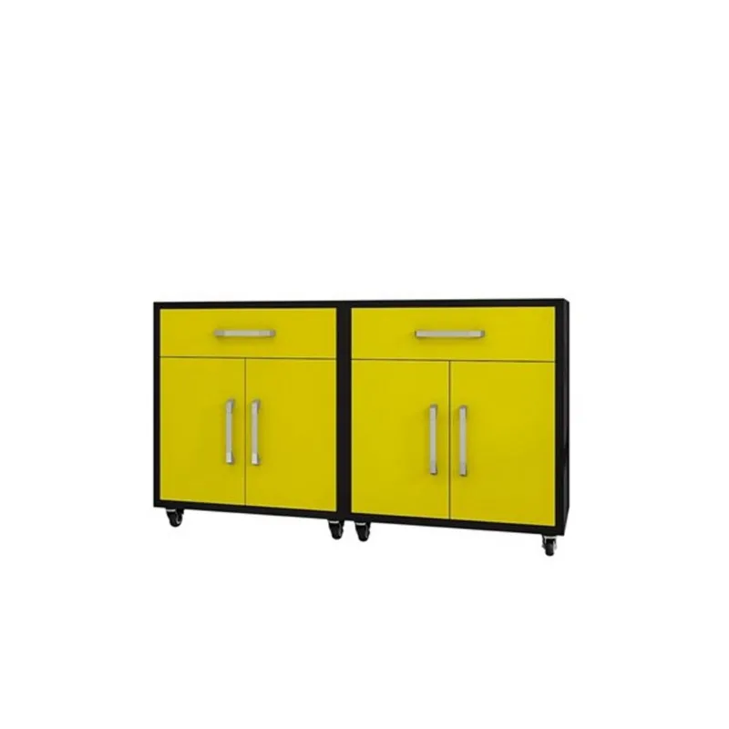 Manhattan Comfort Eiffel 56.7-in x 34.41-in x 17.72-in Mobile Garage Cabinet in Matte Black and Yellow - Set of 2