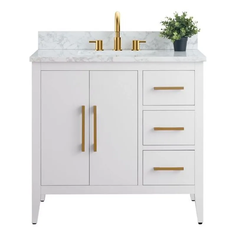 Vanity Art 36-in W Single Sink Bathroom Vanity w/ Engineered Marble Top and Brushed Gold Handle - White