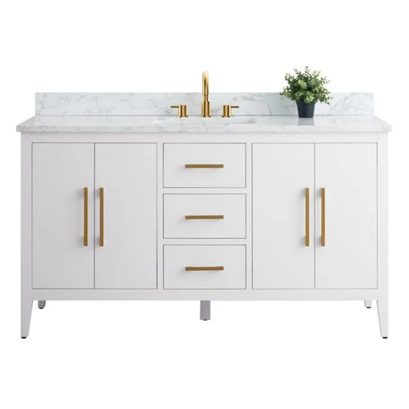 Vanity Art 60-in W Single Sink Bathroom Vanity w/ Engineered Marble Top and Brushed Gold Handle - White