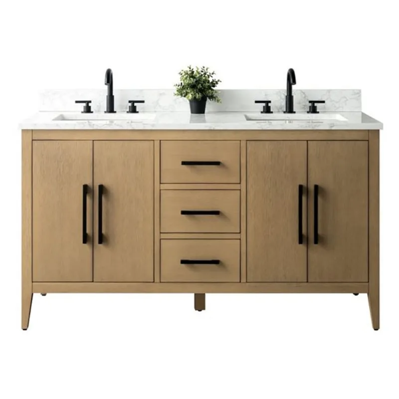 Vanity Art 60 W x 22 D x 34-in H Brown Double Sink Bathroom Vanity W/engineered Marble Top and Matte Black Handle