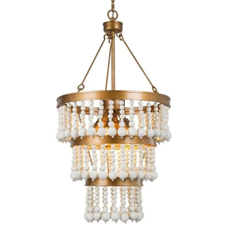 Uolfin Chandelier 6-Light Tiered Antique Gold Metal with Off-White Wood Beaded