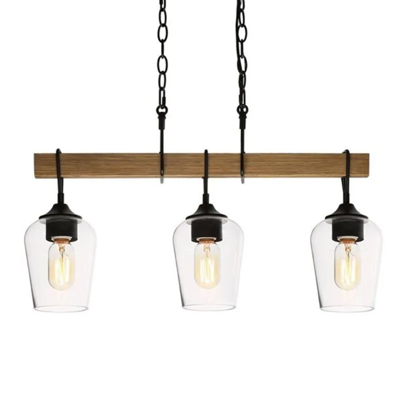 Uolfin Kitchen Island Light 3 -Light Linear Birch Wood Grain and Black with Clear Glass