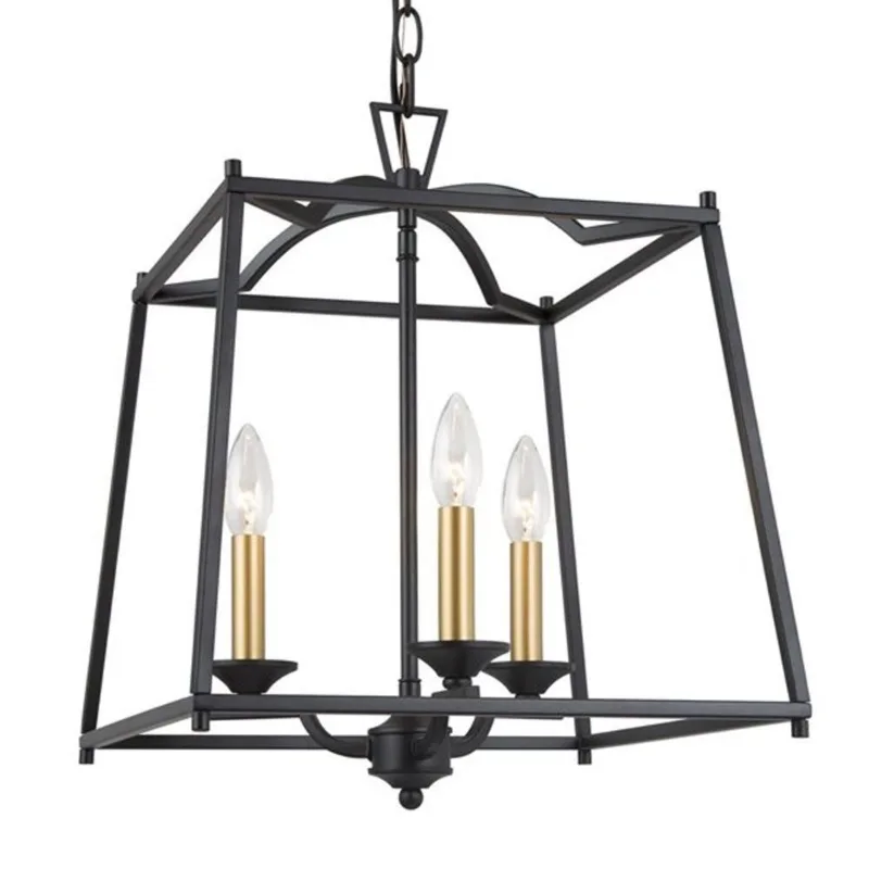 Uolfin Chandelier 3-Light Candlestick Rectangle Cage in Metal - Matte Black and Gold