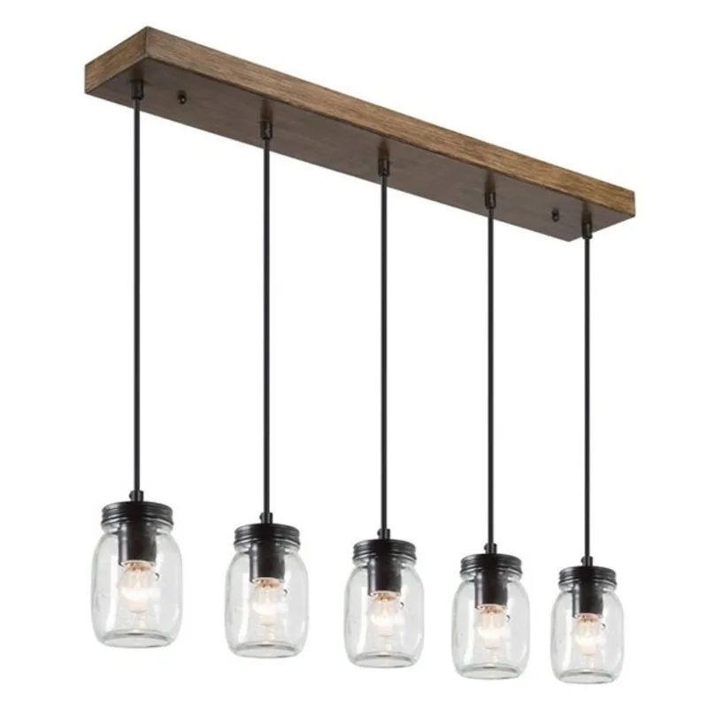 Uolfin Kitchen Island Light 5 -Light Linear Bronze with Wood in Mason Jar and Clear glass