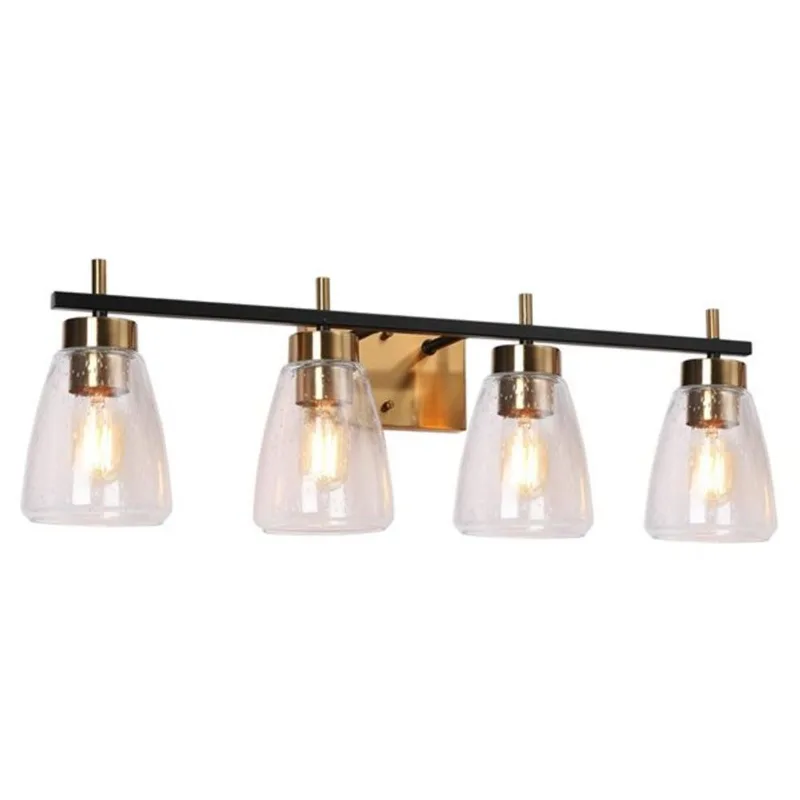 Uolfin 29-in W 4-Light Matte Black Modern Bathroom Vanity Light with Seeded Glass Cone Shades