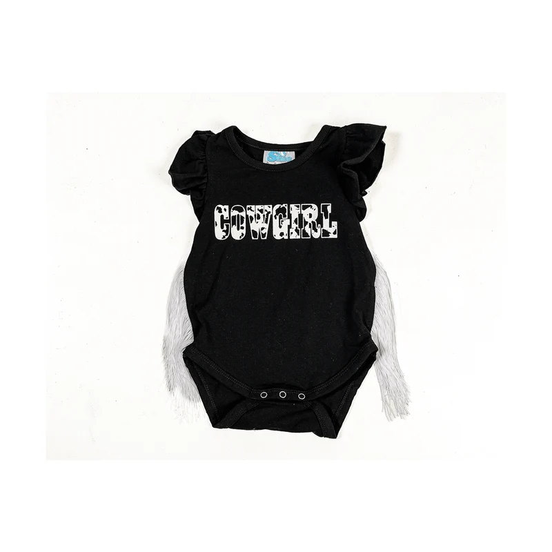 Shea Baby Girl Black or Brown Cowprint Fringe Onesie 12-18 months / black