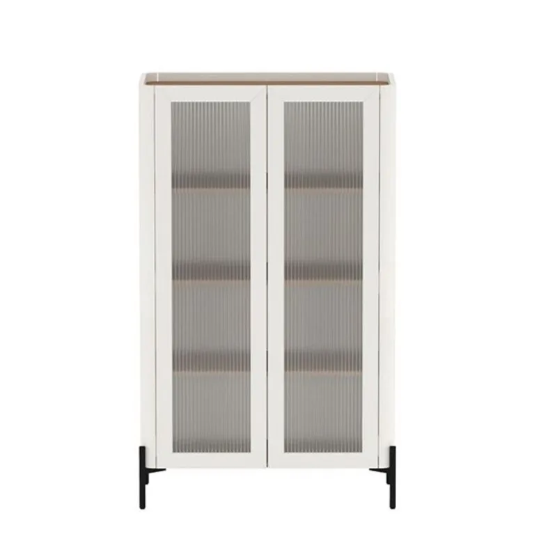 Manhattan Comfort Abbey Maple/Off-White Particleboard Modern Ribbed Tempered Glass Cabinet