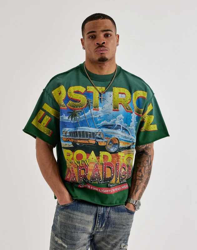 First Row Cropped Road Rhinestone Tee LG