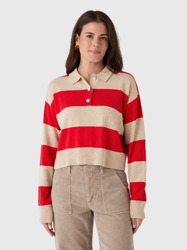 Le Jean Women's Cotton Cashmere Polo S / RED RUGBY STRIPE