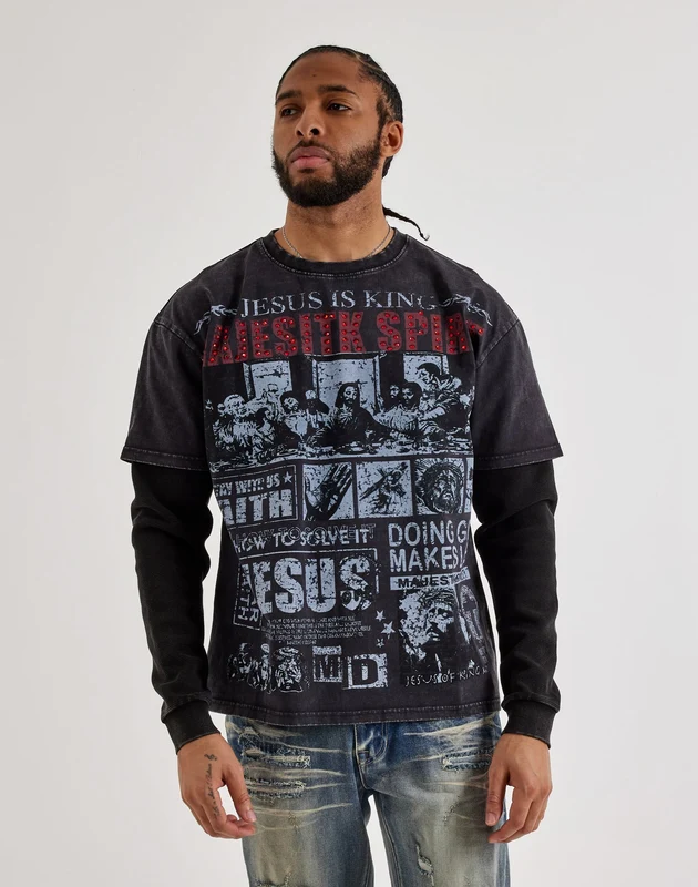 Majestik Jesus Is King Long-Sleeve Twofer Shirt MED
