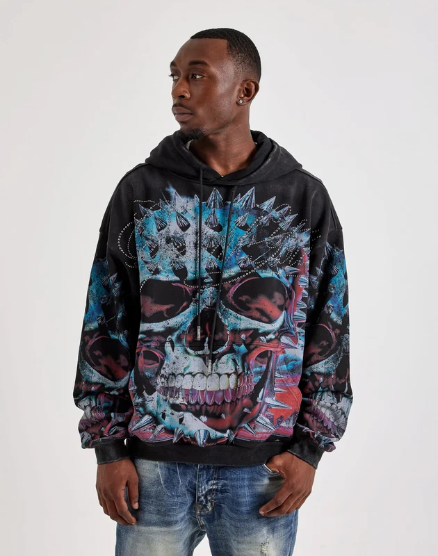 Majestik Rhinestone Skull Pullover Fleece Hoodie MED