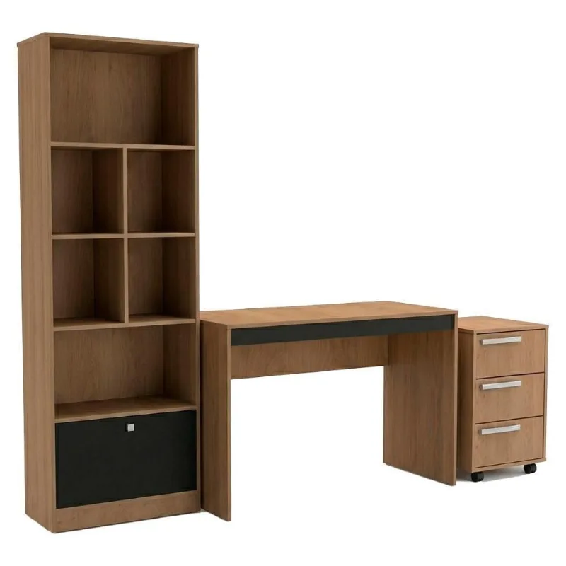 Mesa Escrivaninha com Gaveteiro e Estante B31 1 Porta 3 Gavetas MDP 120cm Preto Nova Mobile