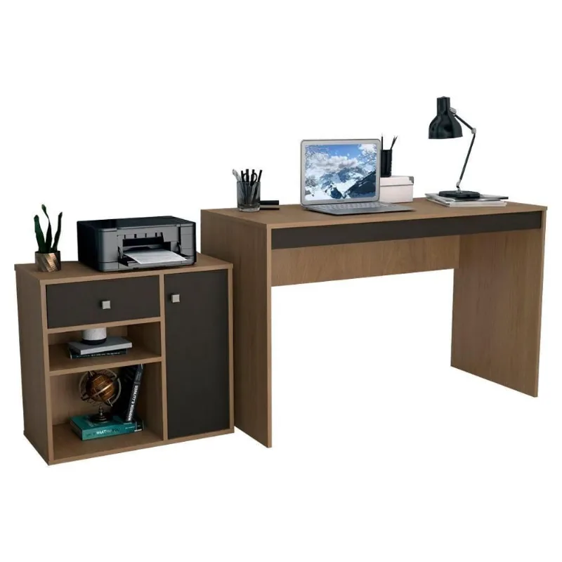 Conjunto Mesa Escrivaninha e Armário B32 Moderno 1 Gaveta MDP 120cm Mel Preto Nova Mobile
