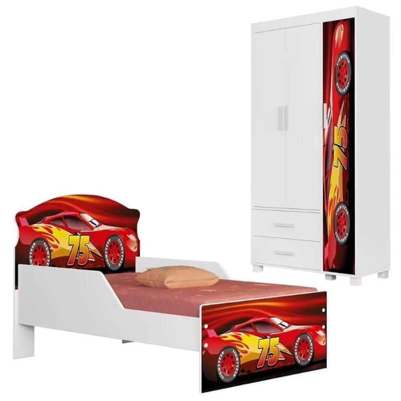 Guarda Roupa Infantil Livia 3 Portas de Bater 2 Gavetas MDF com Cabideiro Vermelho Milani Movelaria