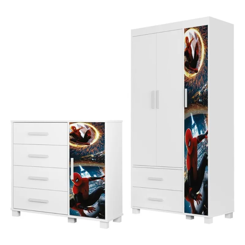 Guarda Roupa Infantil Lívia 3 Portas Giratórias 2 Gavetas MDF com Cômoda 4 Gavetas Aranha Milani