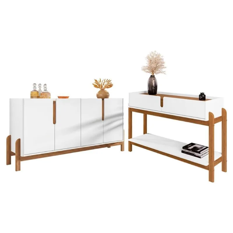 Kit Buffet e Aparador Lizz 4 Portas 2 Gavetas MDF Branco Cedro