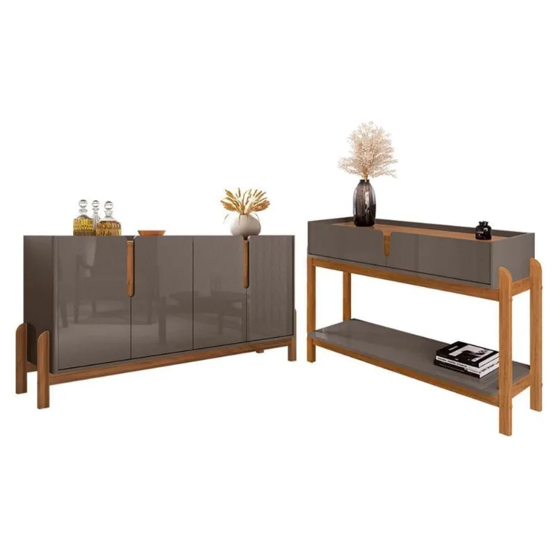 Kit Buffet e Aparador Lizz 4 Portas 2 Gavetas MDF Cinza Perola Cedro
