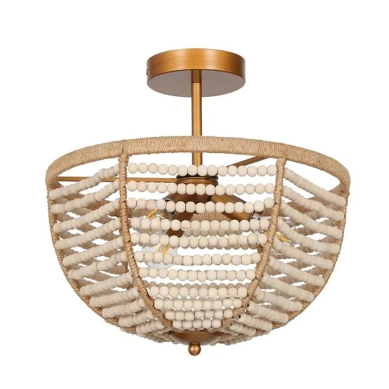 LNC Chodober Semi Flush Mount Light 3-Light Gold White Jute Rope LED 14.2-in