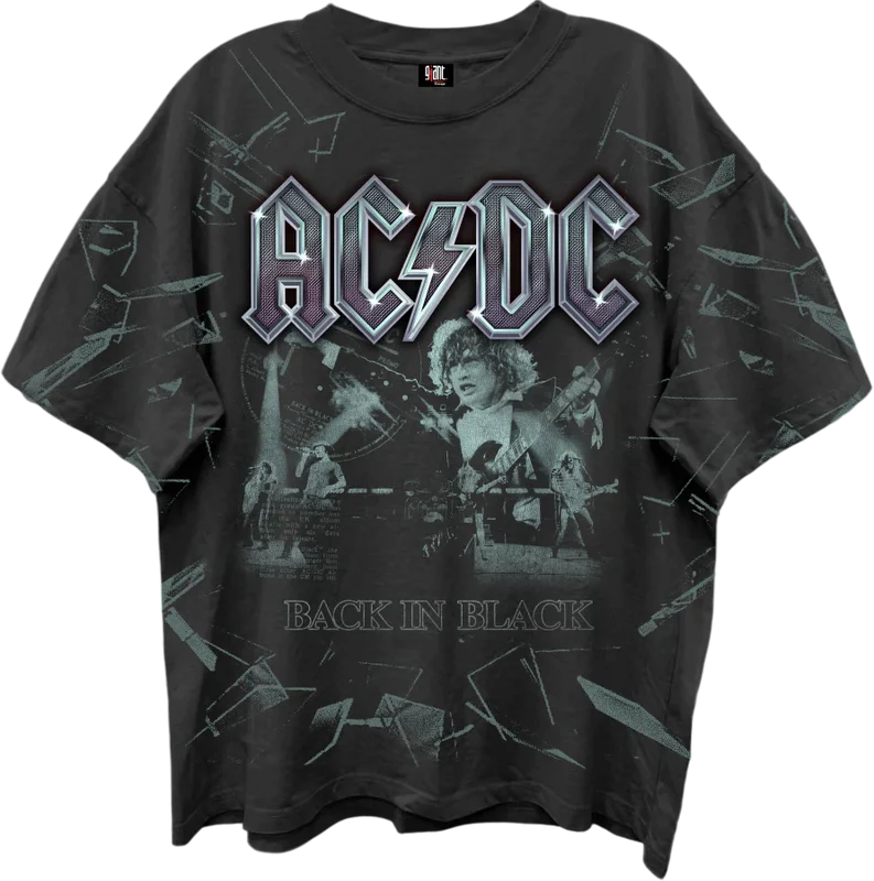 Front & Back Shattered Glass Back In Black ACDC Oversized T-Shirt Large