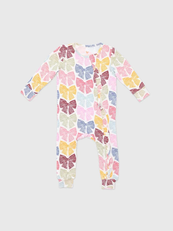 Pink Chicken Baby Girls' Ruffle Bamboo Romper 12/18M / BRIGHT MULTI BOWS