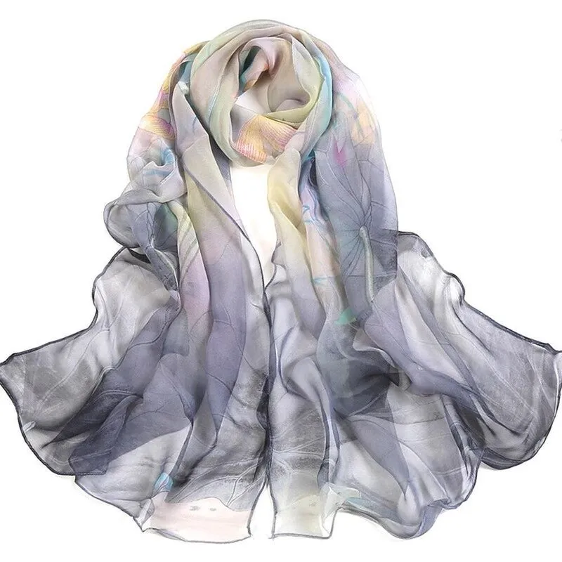 Lenço De Chiffon Estampado Grande, Echarpe Tons De Cinza