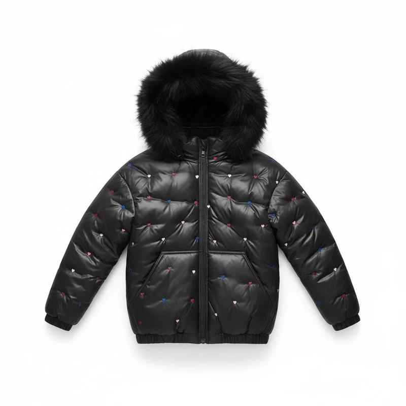 SCOTCH BONNET BLACK FUR TRIM HEART DOT PUFFER COAT 3