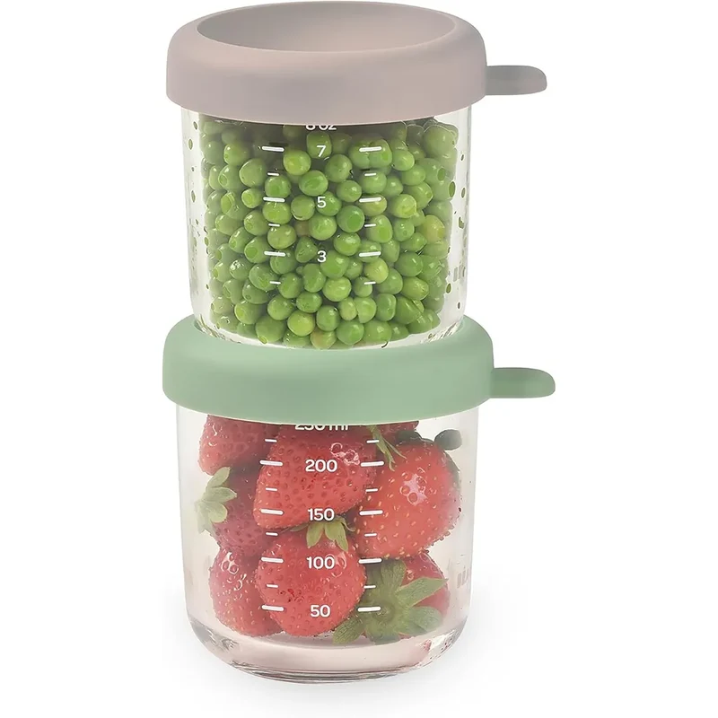 8oz 2 Pack Glass Baby Food Jars with Soft Silicone Air Tight Lids - Sage & Mineral Open Box