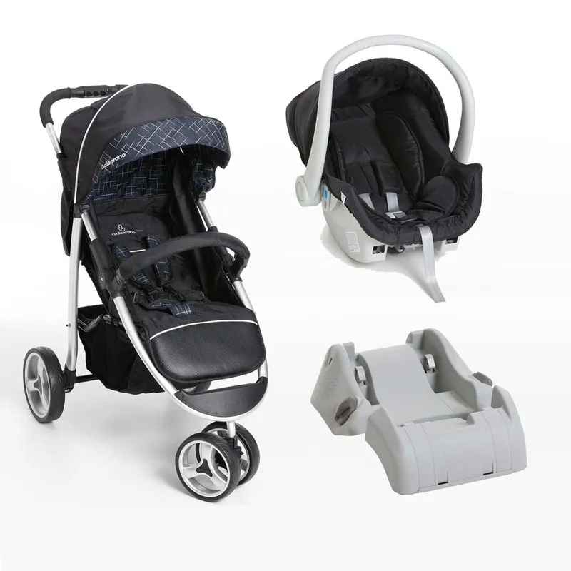 CARRINHO 3 RODAS GALZERANO APOLLO PRETO + BASE + BEBÊ CONFORTO