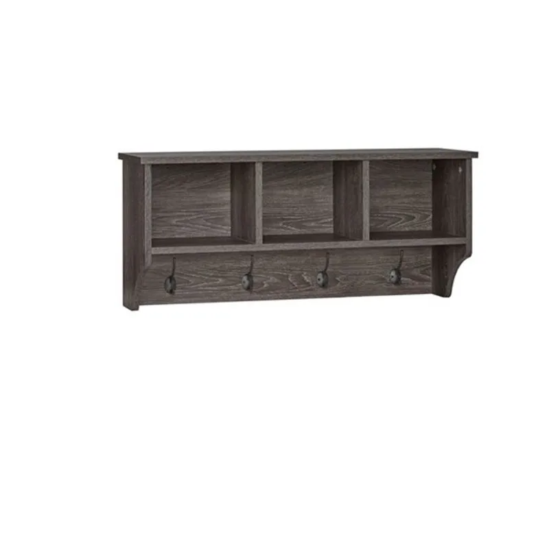 RiverRidge Home Woodbury Wall Shelf with Cubbies and Hooks - 9.38-in x 31.63-in x 14-in -Dark Weathered Wood Grain