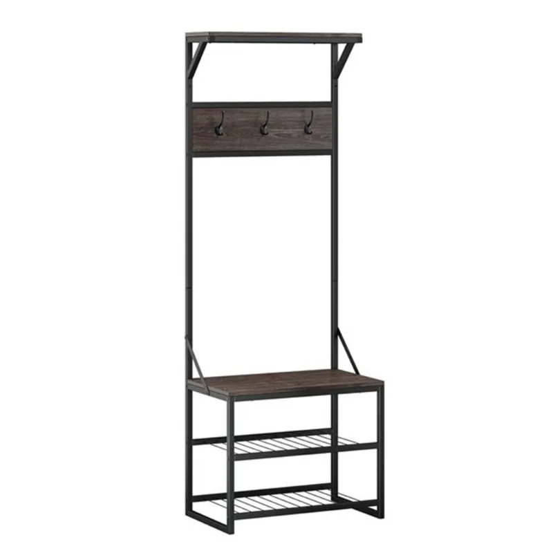 RiverRidge Home Afton Metal Frame Hall Tree - 14.19-in x 23.69-in x 66.75-in - Dark Weathered Wood Grain