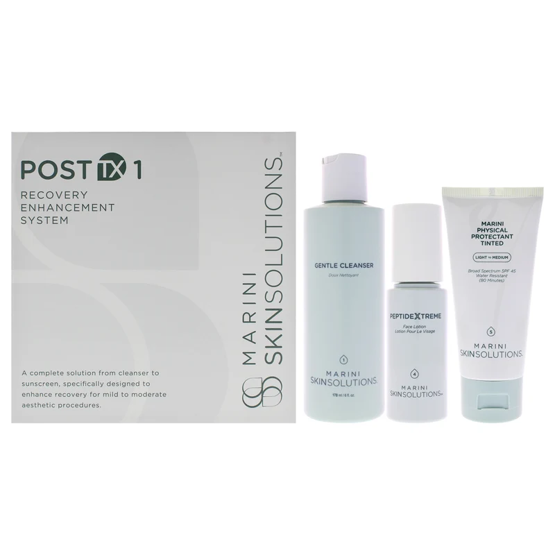 Marini SkinSolutions Post TX 1 Recovery Enhancement System by Marini SkinSolutions for Unisex - 3 Pc 6oz Gentle Cleanser, 1oz PeptideXtreme, 2oz Marini Physical Protectant Tinted SPF 45 3 Pc