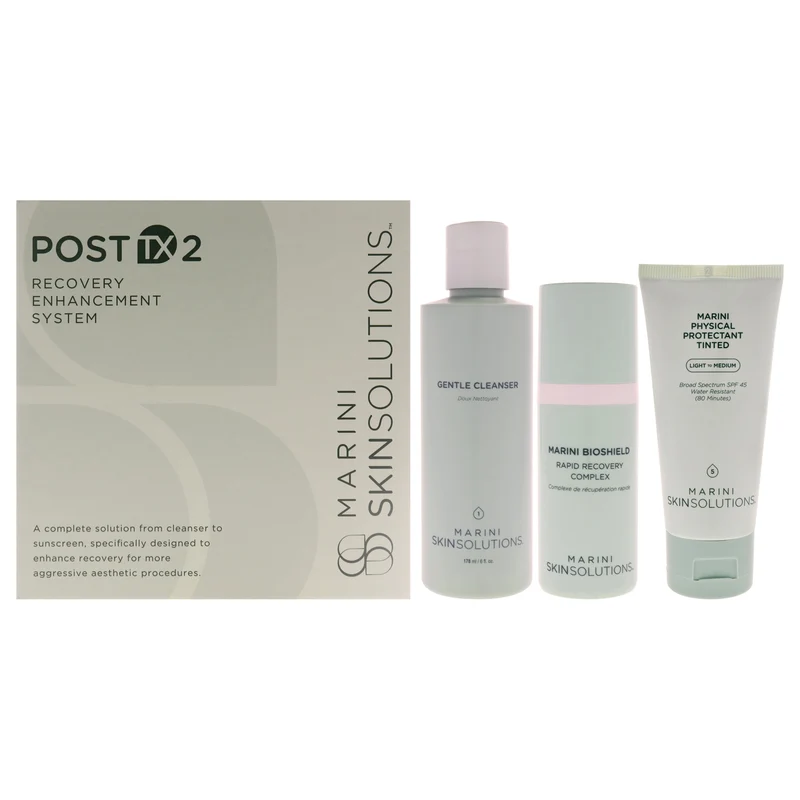 Marini SkinSolutions Post TX 2 Recovery Enhancement System by Marini SkinSolutions for Unisex - 3 Pc 6oz Gentle Cleanser, 1oz Marini BioShield, 2oz Marini Physical Protectant Tinted SPF 45 3 Pc