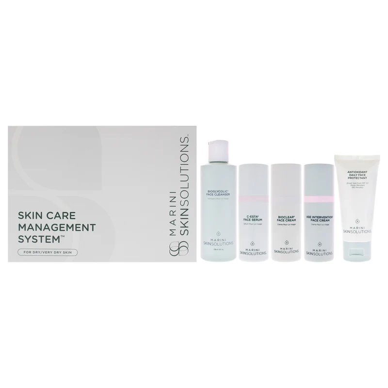 Marini SkinSolutions Skin Care Management System - Dry to Very Dry by Marini SkinSolutions for Unisex - 5 Pc 6oz Bioglycolic Face Cleanser, 1oz C-ESTA Face Serum, 1oz Bioclear Face Lotion, 1oz Age Intervention Face Cream, 2oz Antioxidant Daily Face Protec 5 Pc