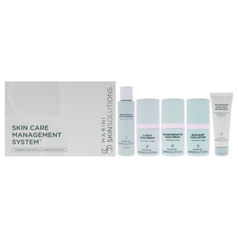 Marini SkinSolutions Skin Care Management System - Normal to Combination by Marini SkinSolutions for Unisex - 5 Pc 3oz Bioglycolic Face Cleanser, 0.5oz C-Esta Face Serum, 0.5oz Bioglycolic Bioclear Face Lotion, 0.5oz Transfomation Face Cream, 1oz Antioxid 5 Pc