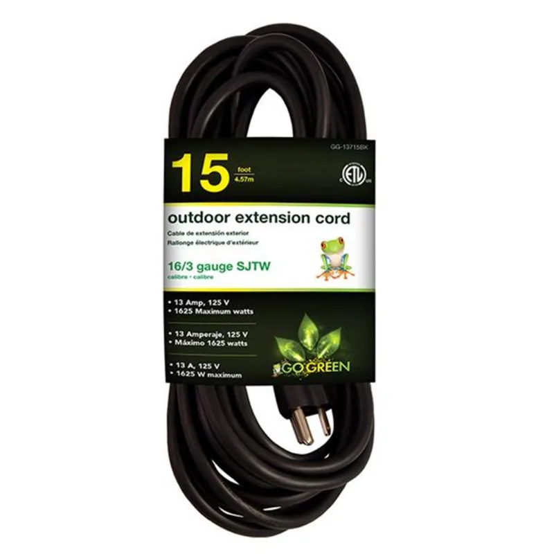 GoGreen Power Outdoor Extension Cord - 16/3 SJTW - 15-ft - Black