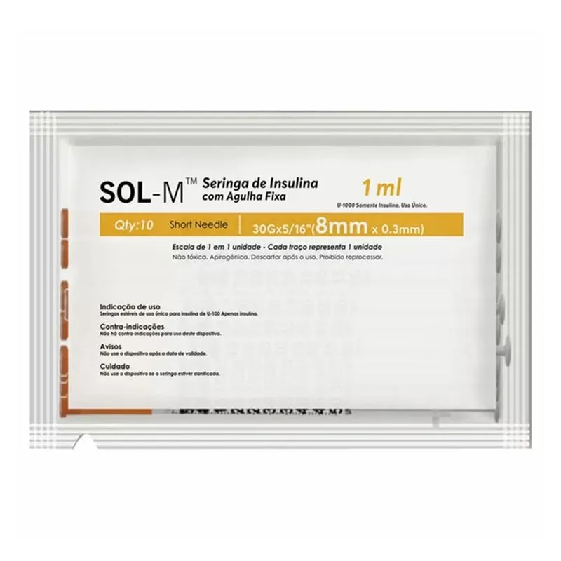 Seringa De Insulina Sol-m 100ui Com Agulha 30g 8mm X 0,3mm 10 Unidade De 1ml Cada