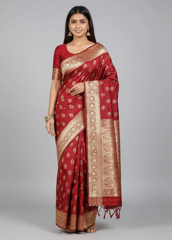 Maroon Banarasi Silk Saree With Blouse Piece One Size