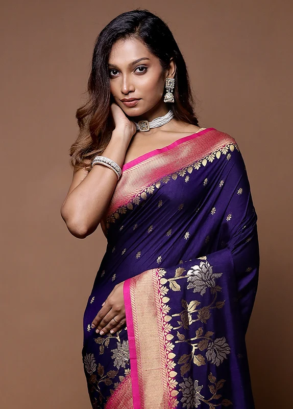 Blue Dupion Silk Saree With Blouse Piece One Size