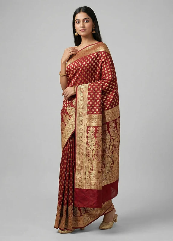 Maroon Handloom Banarasi Silk Saree With Blouse Piece One Size