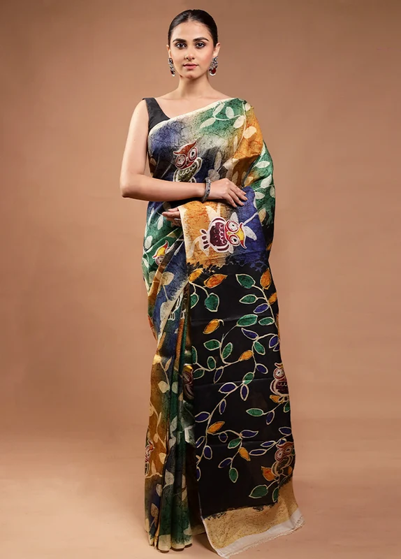 Blue Printed Pure Silk Saree Without Blouse Piece Onesize