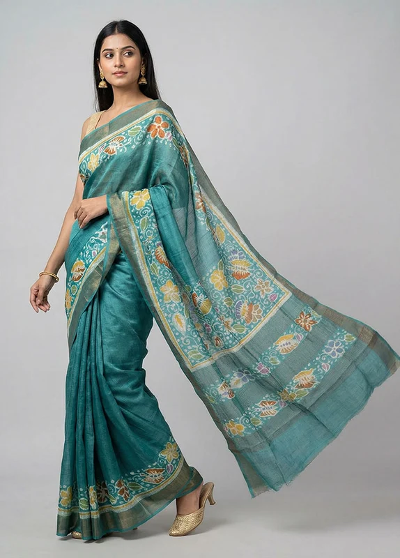 Blue Handloom Tussar Silk Saree With Blouse Piece One Size