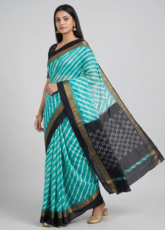 Green Handloom Ikkat Pure Silk Saree With Blouse Piece One Size