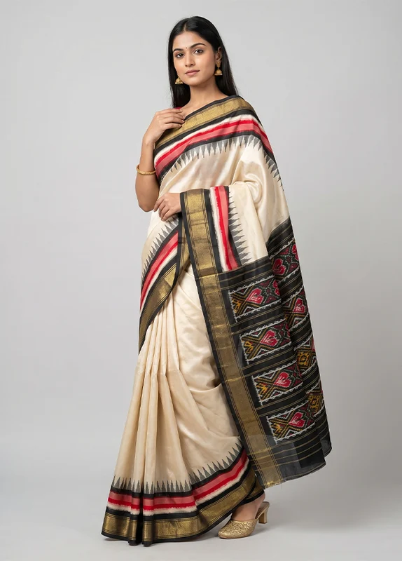 Cream Handloom Ikkat Pure Silk Saree With Blouse Piece One Size