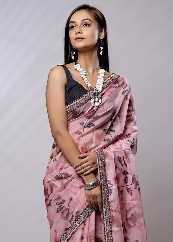 Pink Dupion Silk Saree With Blouse Piece Onesize