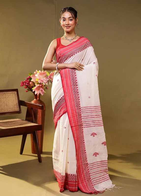 White Khadi Cotton Saree With Blouse Piece One Size