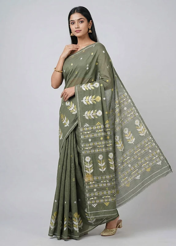 Green Jamdani Cotton Saree Without Blouse Piece One Size