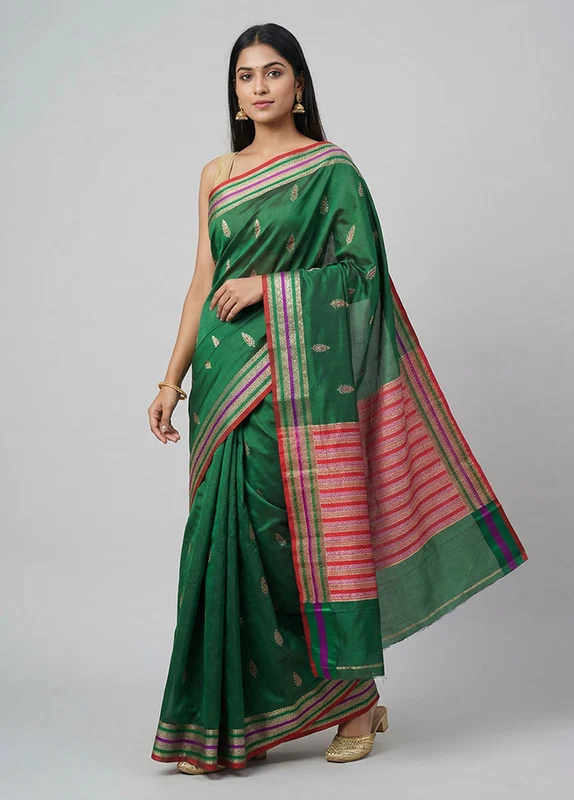 Green Handloom Katan Pure Silk Saree With Blouse Piece One Size