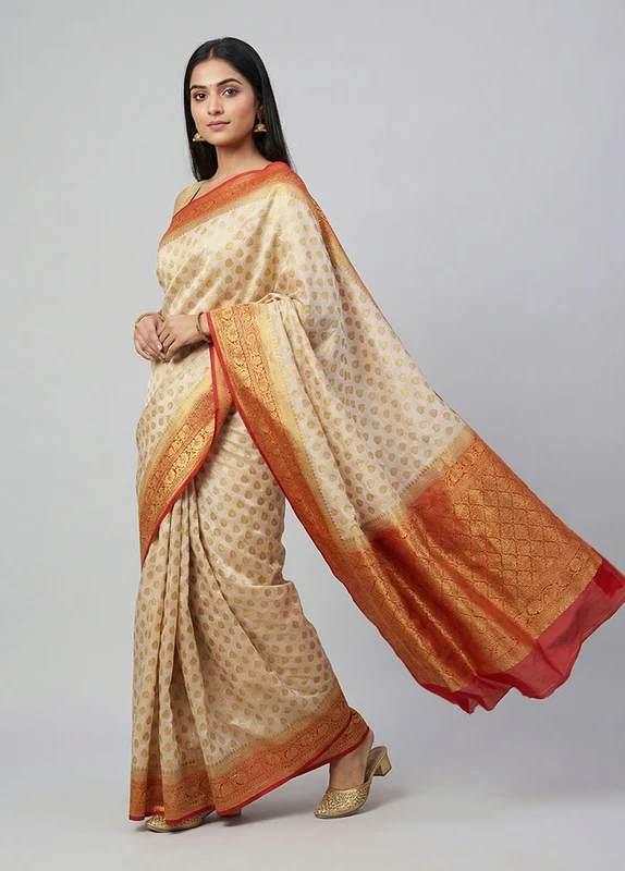 Cream Dupion Silk Saree With Blouse Piece One Size