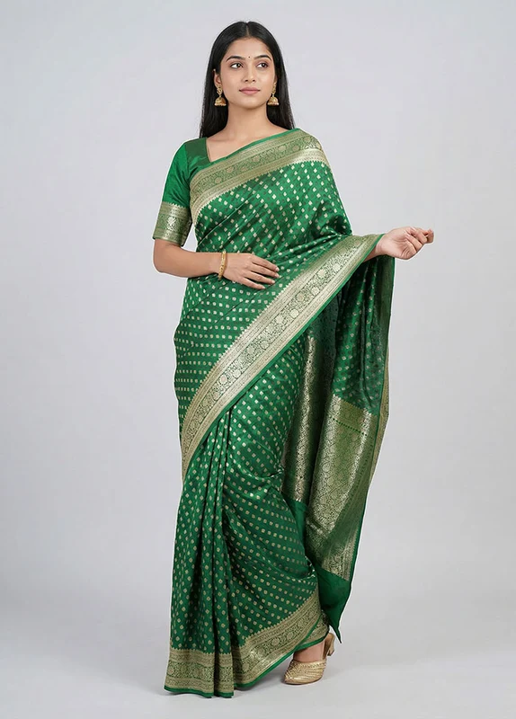 Green Banarasi Silk Saree With Blouse Piece One Size